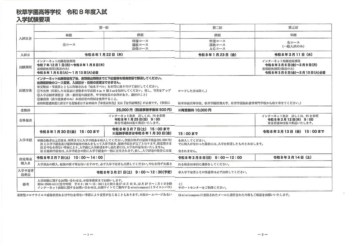写真：入学試験要項（抜粋）